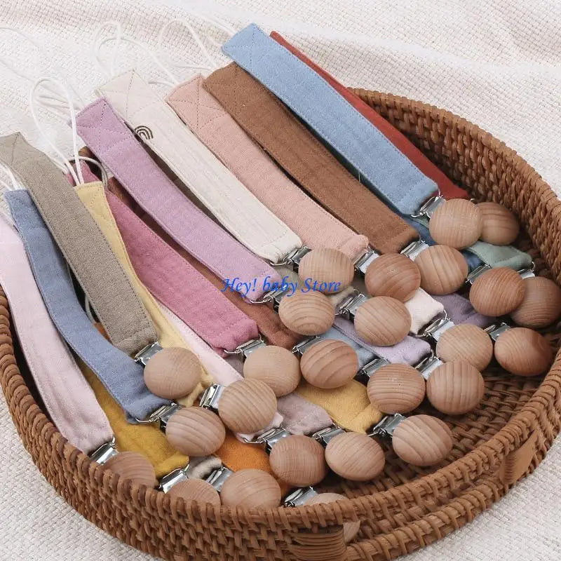 Baby Pacifier Clip Chain Holder | Cotton, Metal & Beech Wood