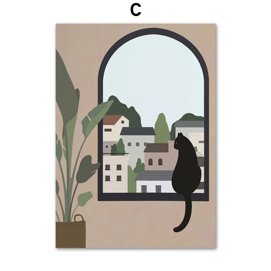 Boho Cat Canvas Wall Art | Cute Kitten Plant Neutral Print