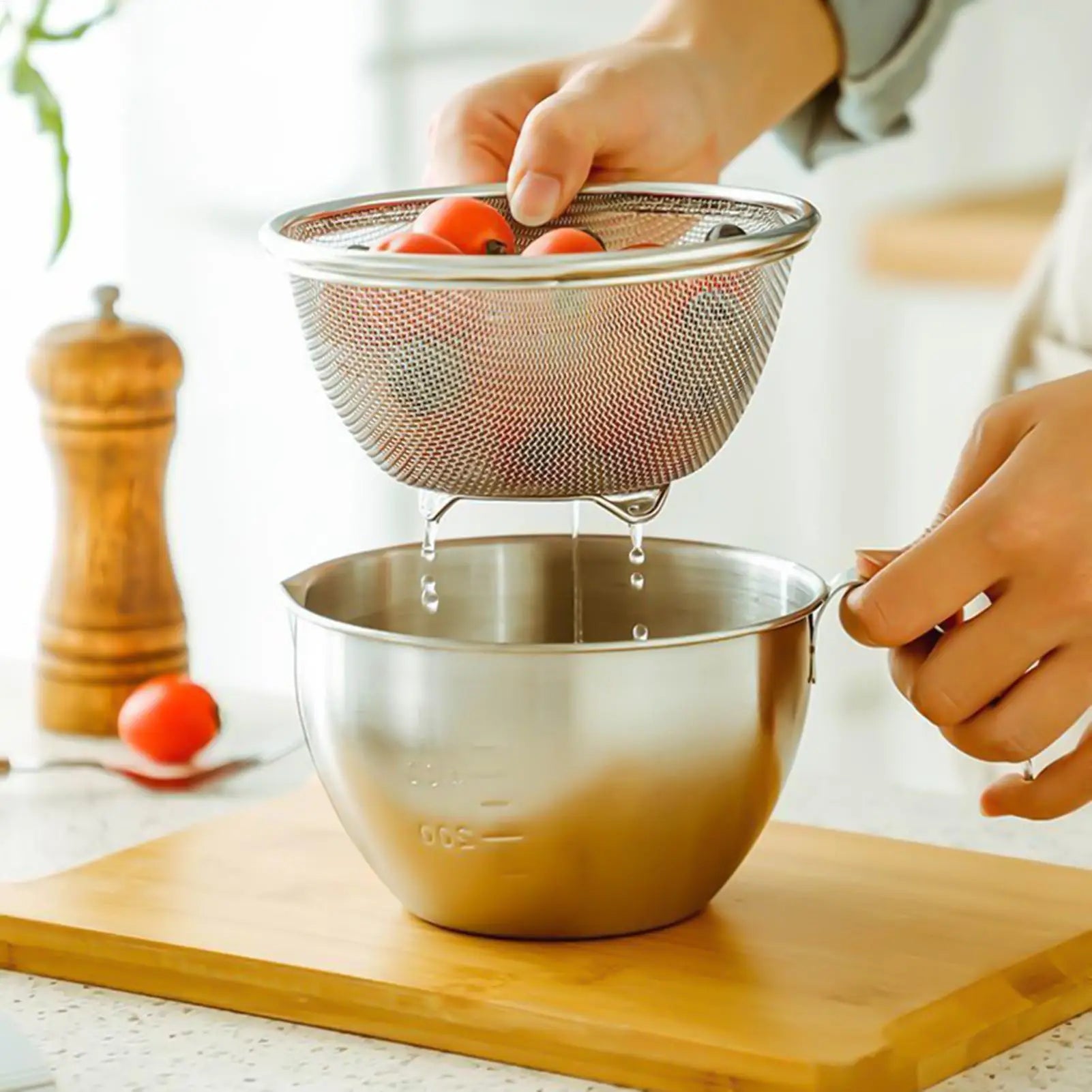 Salad Bowl With Strainer Stainless Steel Mixing Baskets With Handle 400ml Washing Bowls With Colander For Kitchen Home Apartment Peaceful Pleasures Health and Wellness