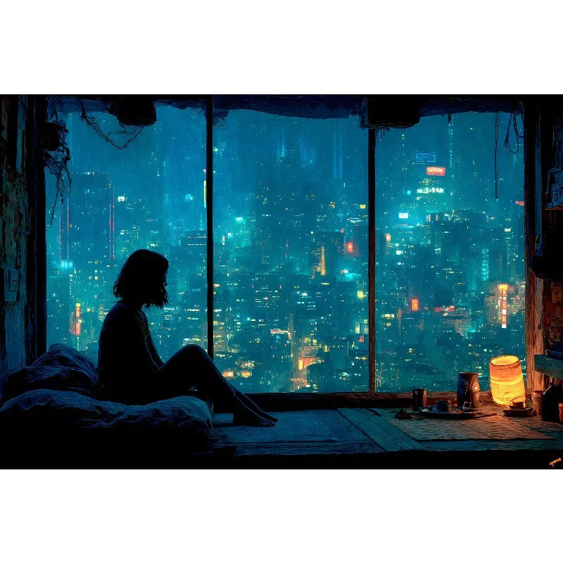 1pc frameless Cyberpunk Night City Landscape Poster Future Neon Lights Bar Design Canvas Wall Art for Living Room Home Decor Peaceful Pleasures Health and Wellness