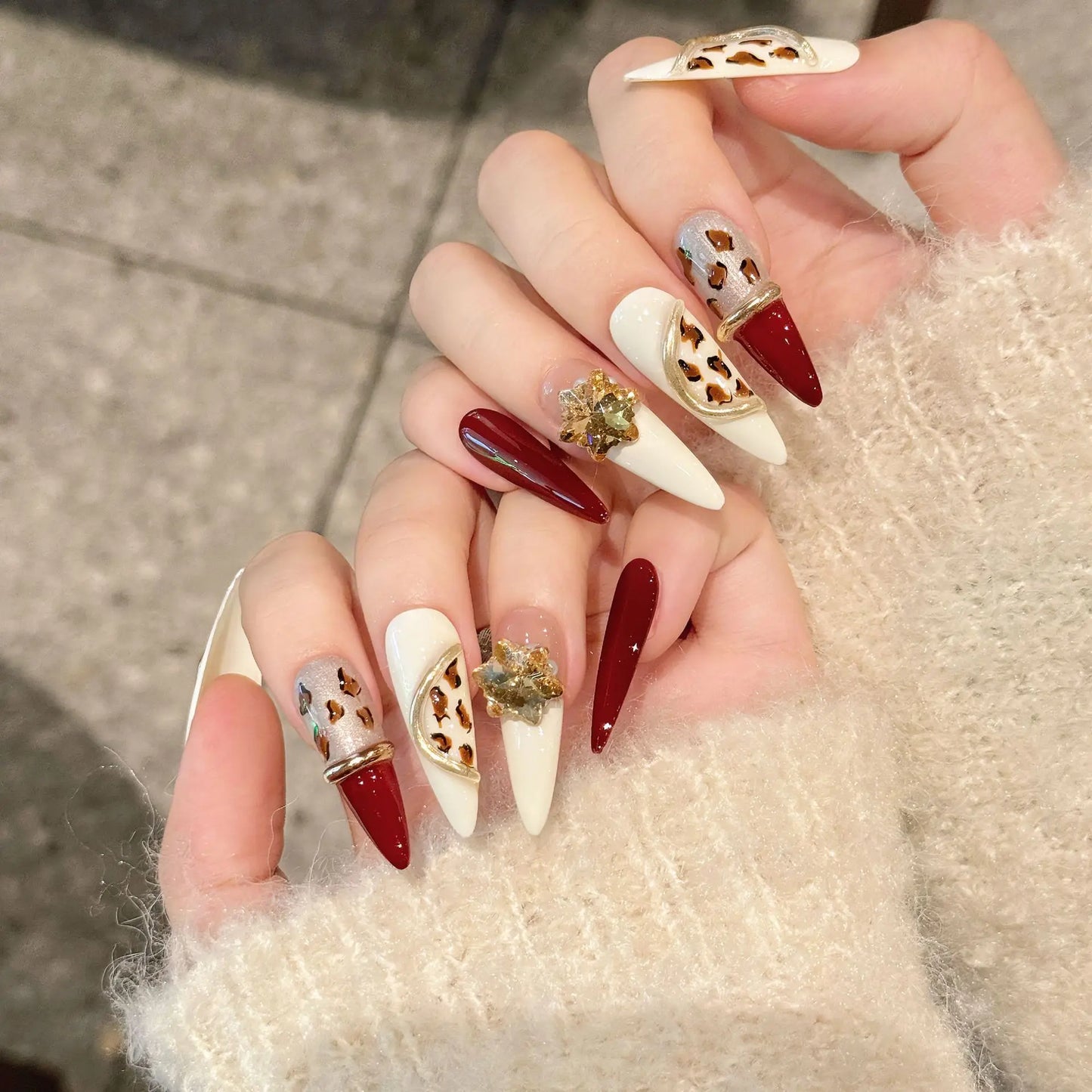 Retro Red Leopard Press On Nails – Long Almond Crystal Tips
