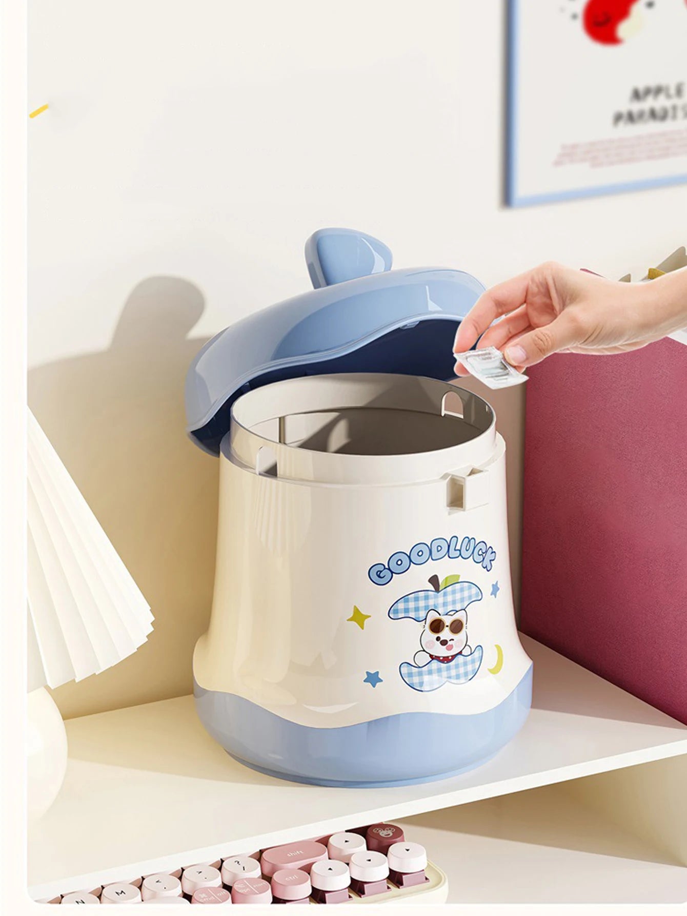 1Pcs Cartoon Pattern Desktop Trash Bin Apple Shaped Press Open Lid Storage Bin Snacks Paper Scraps Miscellaneous Items Trash Peaceful Pleasures Health and Wellness