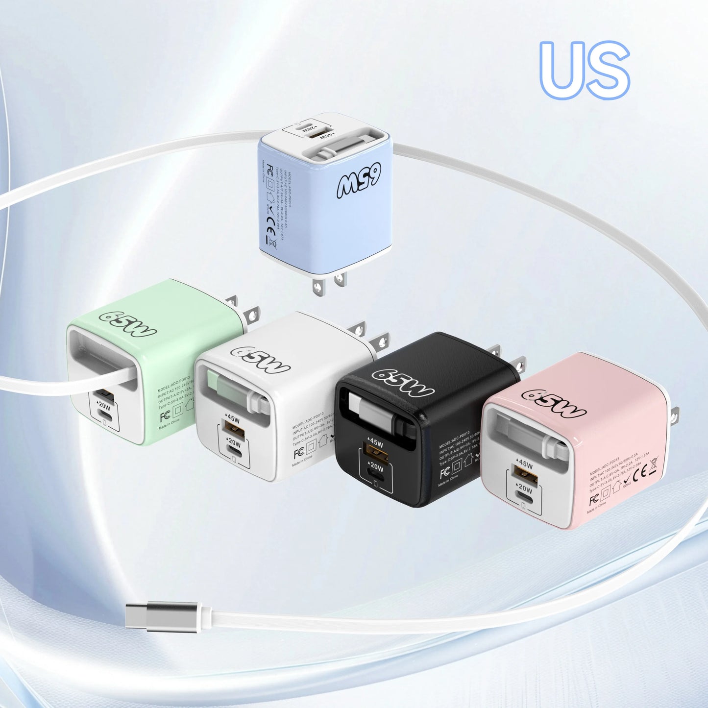 65W 3-in-1 USB-C Fast Wall Charger PD Quick Charge