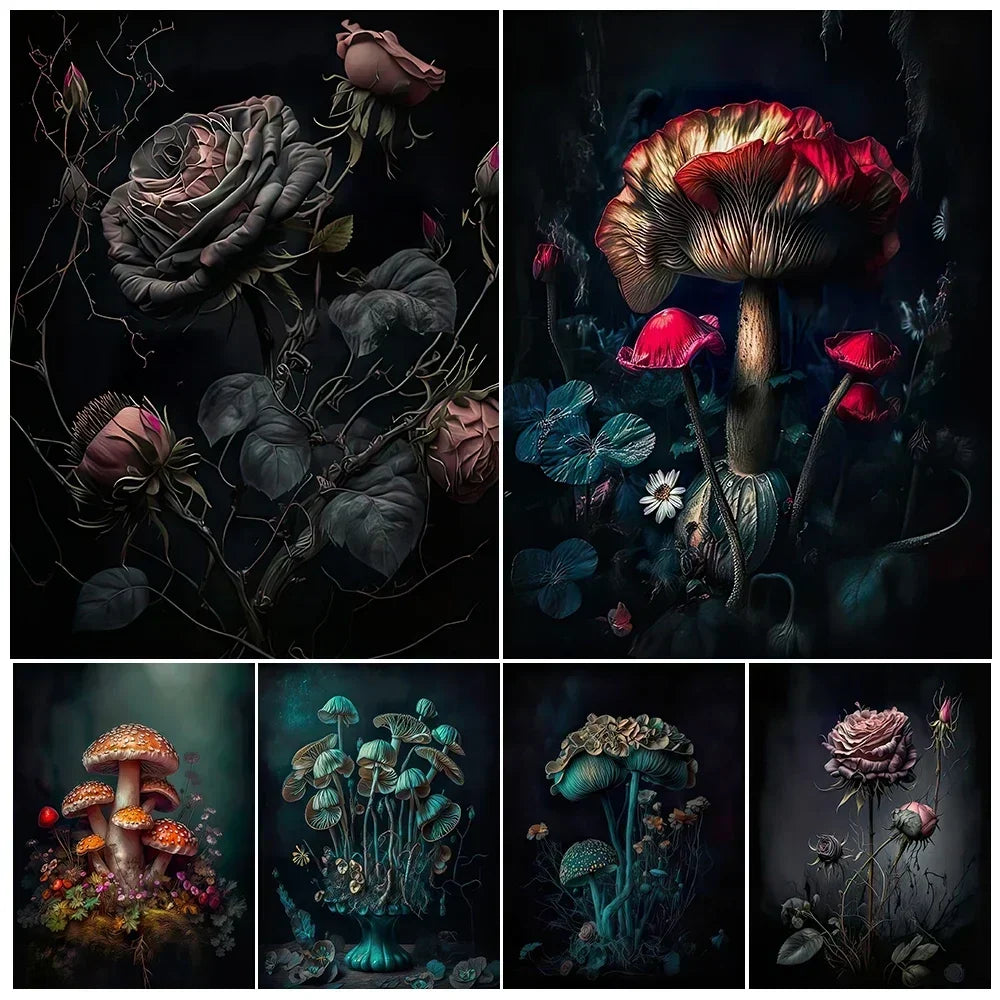 Dark Botanical Gothic Mushroom & Roses Canvas Wall Print