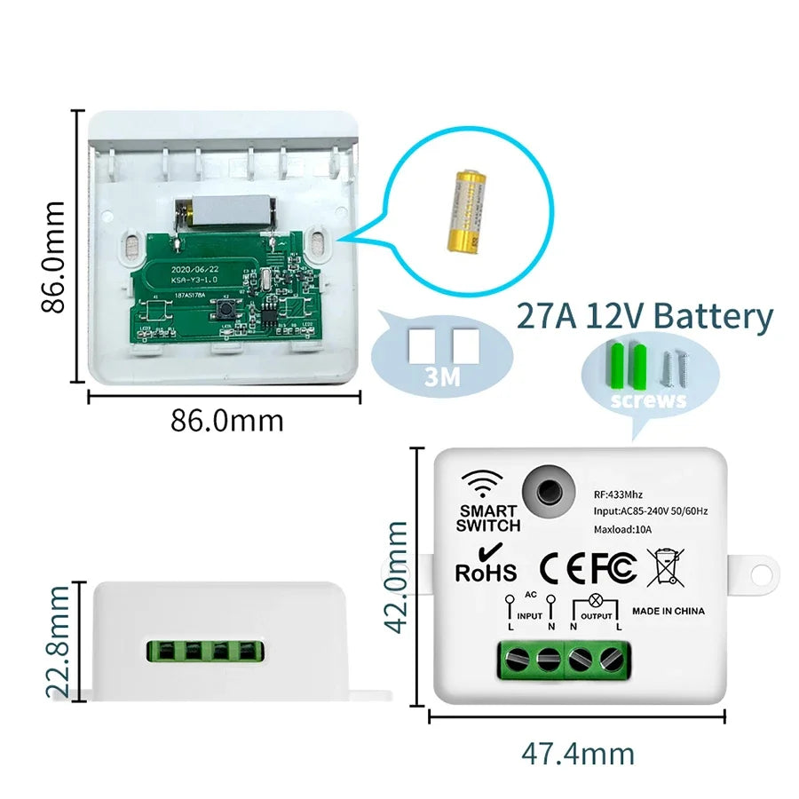 433MHz Wireless Smart Wall Switch 1/2/3 Gang Remote Relay