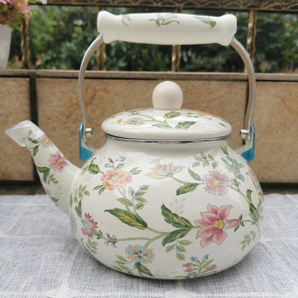 Chinese Style Enamel Teapot Floral Enameled 2.5L Gas Water Kettle Antiscald Handle Pear-shaped Coffee Pot Gas Induction Cooker Peaceful Pleasures Health and Wellness H