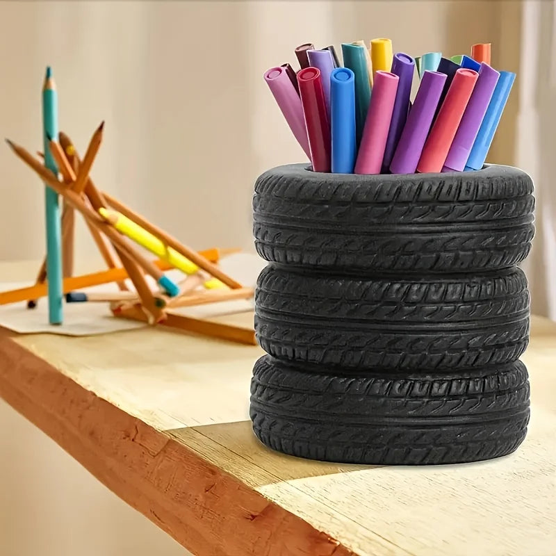 1-Pack Fun Tire-Shaped Pen Holder - Durable Black Pvc Desk Organizer with Letters, Suitable for School and Office, Great Holiday Gift, New Year Present Peaceful Pleasures Health and Wellness