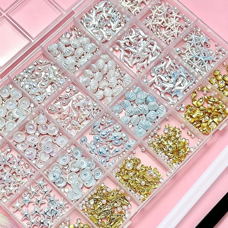 24-Grid Ocean Nail Charms Set – Shell, Starfish & Rhinestones