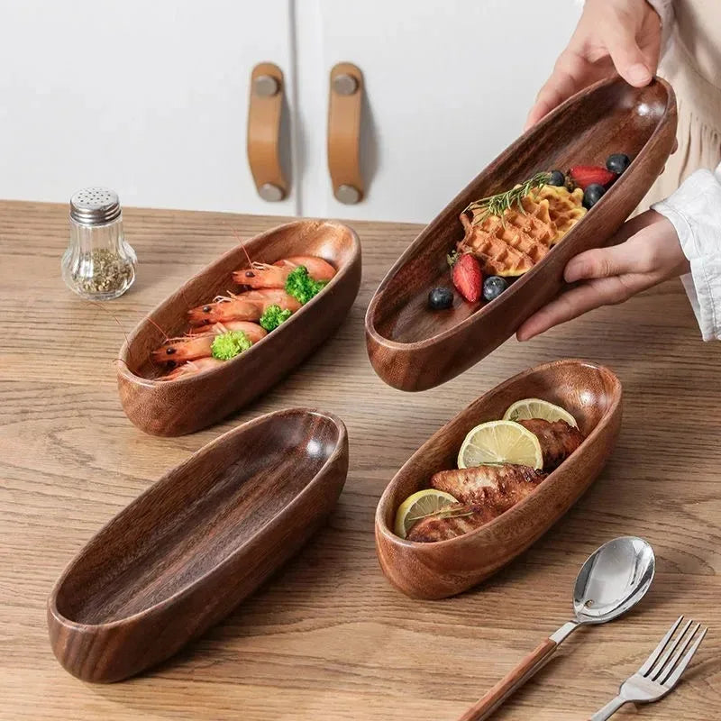 Solid Walnut Wood Boat-Shaped Serving Bowl & Fruit Plate | Premium Dry Fruit, Sushi, Nut & Tea Tray