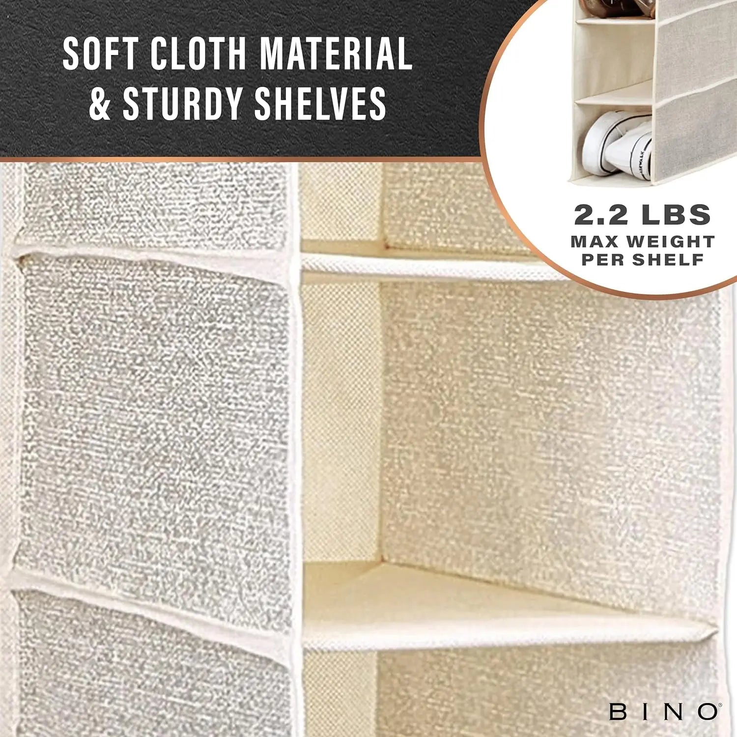 Storage shelf with soft cloth material and sturdy shelves, featuring BINO branding.