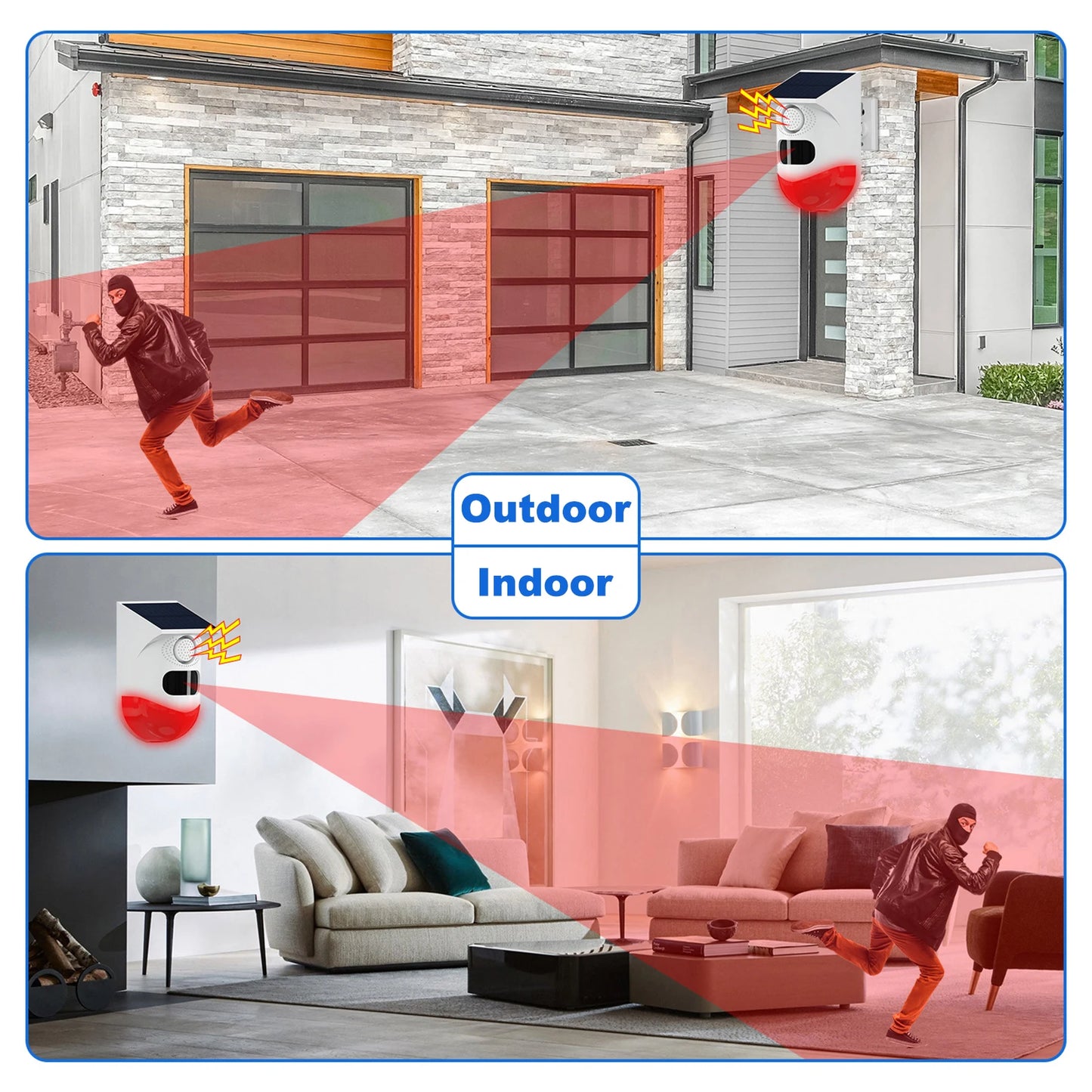 Solar Motion Sensor Alarm 120dB Siren LED Strobe IP65 Outdoor