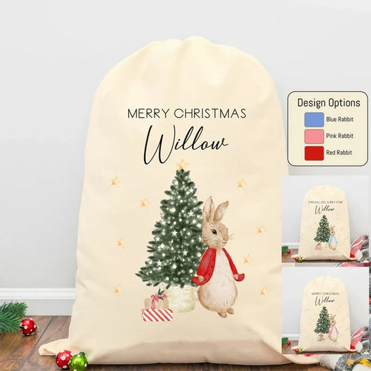 Personalised Bunny Santa Christmas Stocking Sack | Kids Gift Christmas Stocking Sack Peaceful Pleasures Health and Wellness