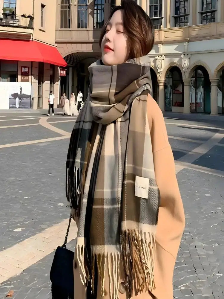 1PC Women's Autumn and Winter New Style, Fresh and Elegant, Imitation Check Pattern Fringe Scarf, Stylish and Versatile, Provide Peaceful Pleasures Health and Wellness light brown One Size