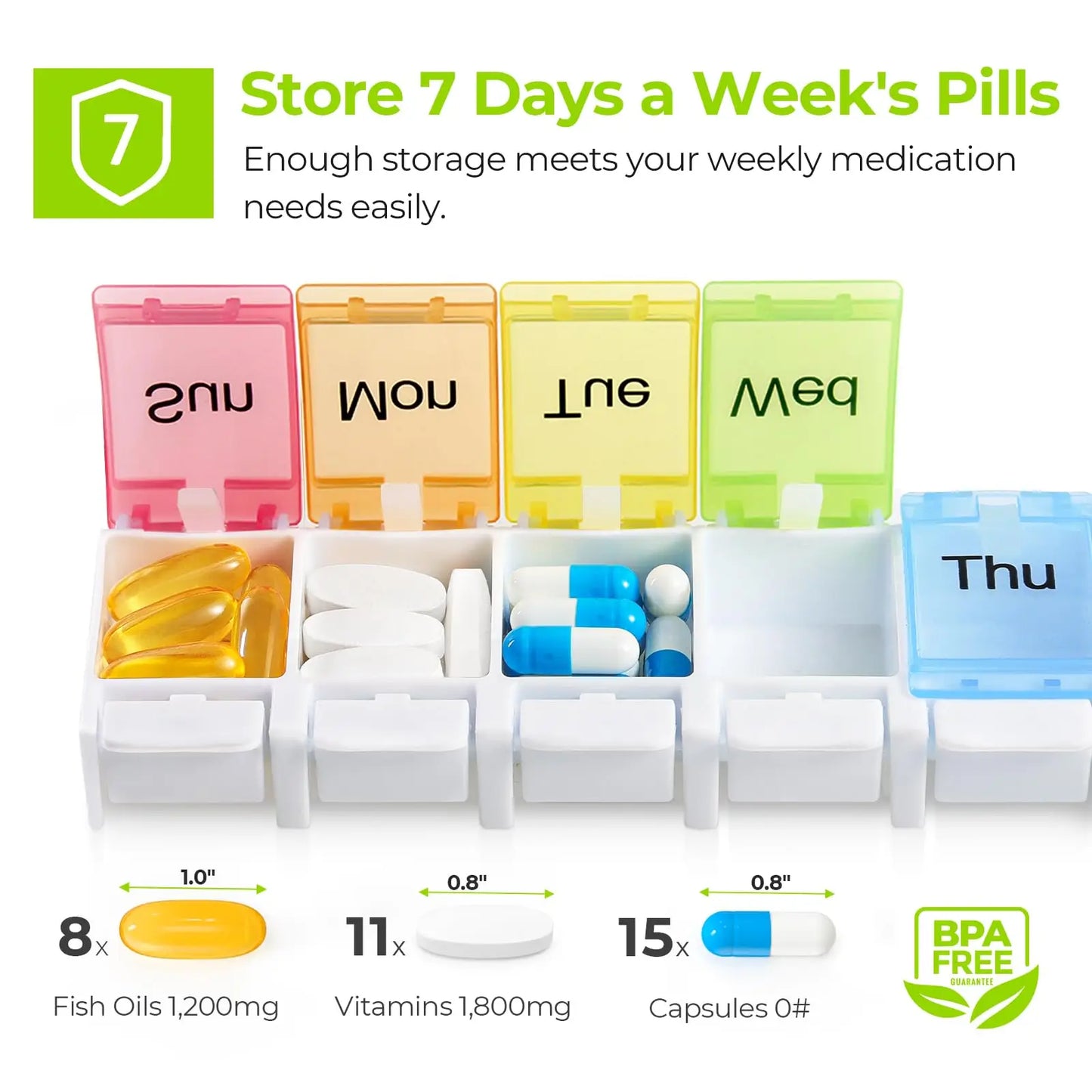 Weekly Pill Organizer Arthritis Friendly, BPA Free Travel 7 Day Pill Box Case with Spring Open Design and Large Compartment Peaceful Pleasures Health and Wellness
