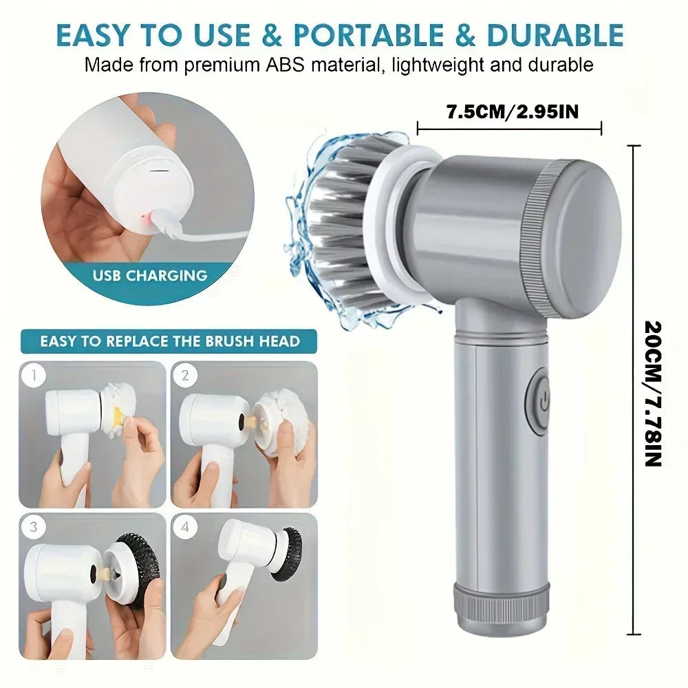 Electric Spin Brush Cleaner Wireless Rechargeable 5 Replaceable Heads Rotating Deep Cleaning Bathroom Kitchen Tiles Peaceful Pleasures Health and Wellness