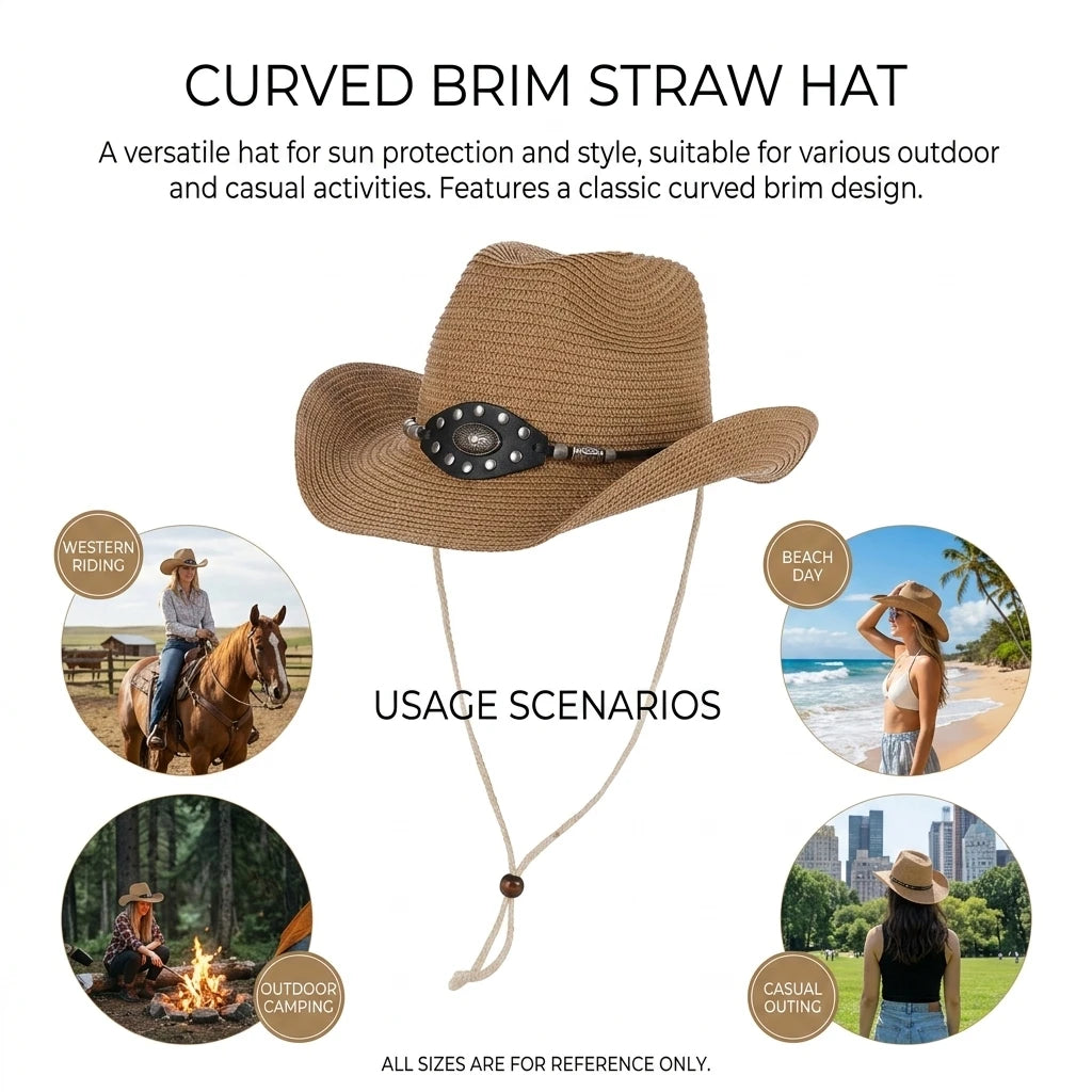 Western Cowboy Straw Hat Wide Brim Sun Protect Retro Outdoor Camping Beach Hat Adjustable Headband Peaceful Pleasures Health and Wellness