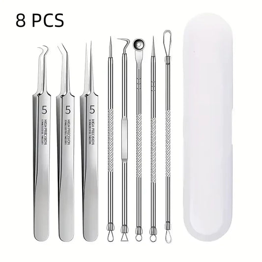 8-Piece Stainless Steel Blackhead Extraction Tool Kit Skin Extraction Tool Kit Peaceful Pleasures Health and Wellness silver