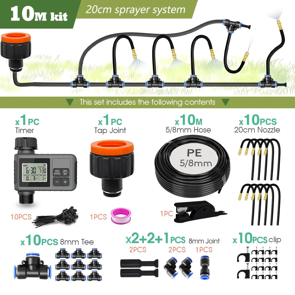 360° Free-bend Misting Nozzle Garden Programmable Timer Misting Cooling System Adjustable Atomizer Sprayer Outdoor Watering Kits Peaceful Pleasures Health and Wellness 10Mkit-Timer