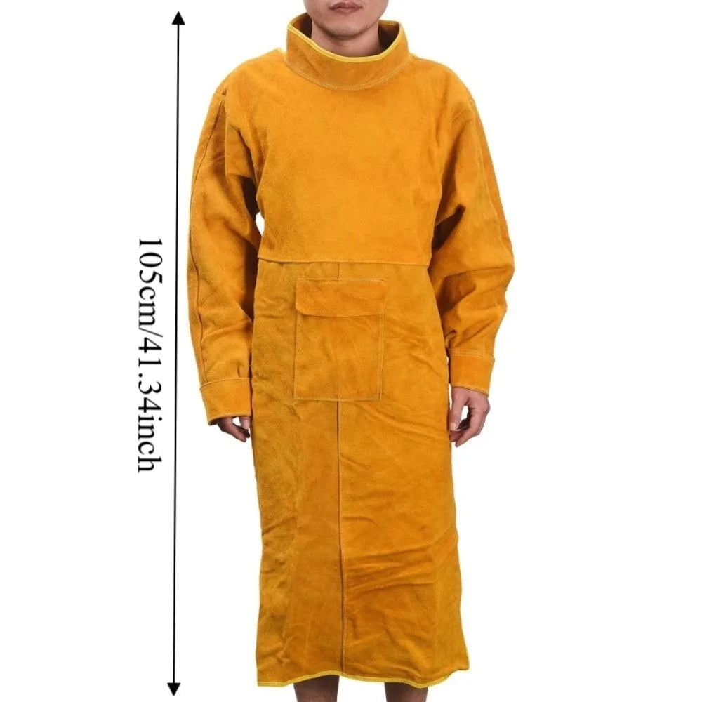 Cowhide Leather Welding Clothes Flame Retardant High Collar Welding Work Clothes Heat Resistant Long Sleeve Welding Suit Peaceful Pleasures Health and Wellness Yellow