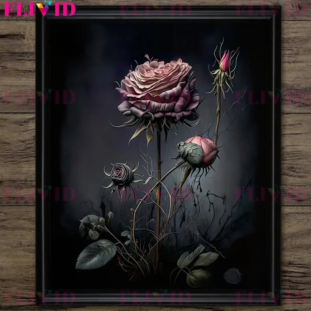 Dark Botanical Gothic Mushroom & Roses Canvas Wall Print