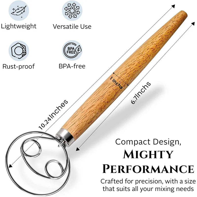 10Inch Danish Dough Whisk,Traditional Wooden Handle Danish Stainless Steel Dough Hook,Bread Whisk for Sourdough, Kitchen Tools Peaceful Pleasures Health and Wellness