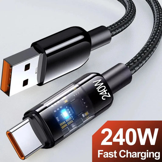 240W USB-C Fast Charging Cable | Nylon Braided Transparent USB-C Charging Cable Peaceful Pleasures Health and Wellness