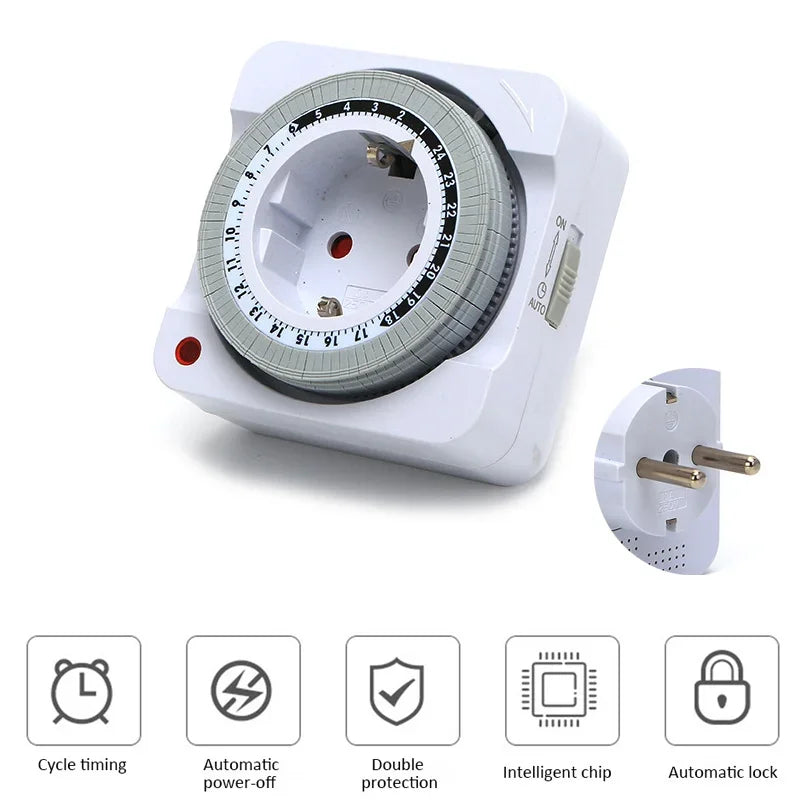 EU Plug 24 Hours Timer Switch Mechanical Smart Countdown Switch Socket Indoor Automatic Power-off Cycle Timing Switch Socket Peaceful Pleasures Health and Wellness EU plug