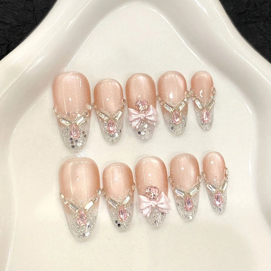10pcs Handmade Shiny Diamond Press on Nails Glitter Pink Bow Decor Fake Nails Wedding Lady Wearable Ins French False Nail Tips Peaceful Pleasures Health and Wellness M