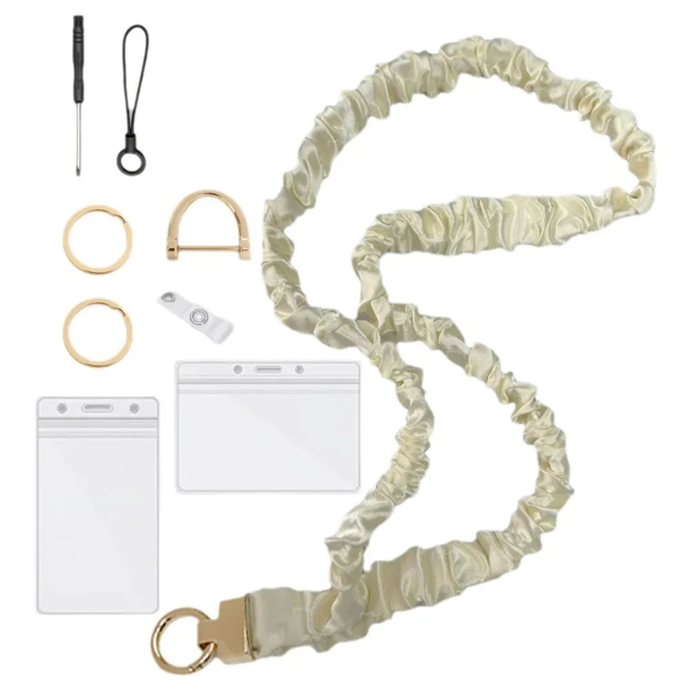 Safety Breakaway Buckle ID Badge Lanyard Stretchy Scrunchie Style Adjustable Elastic Material Retractable Lanyard Set Peaceful Pleasures Health and Wellness Beige Set 1