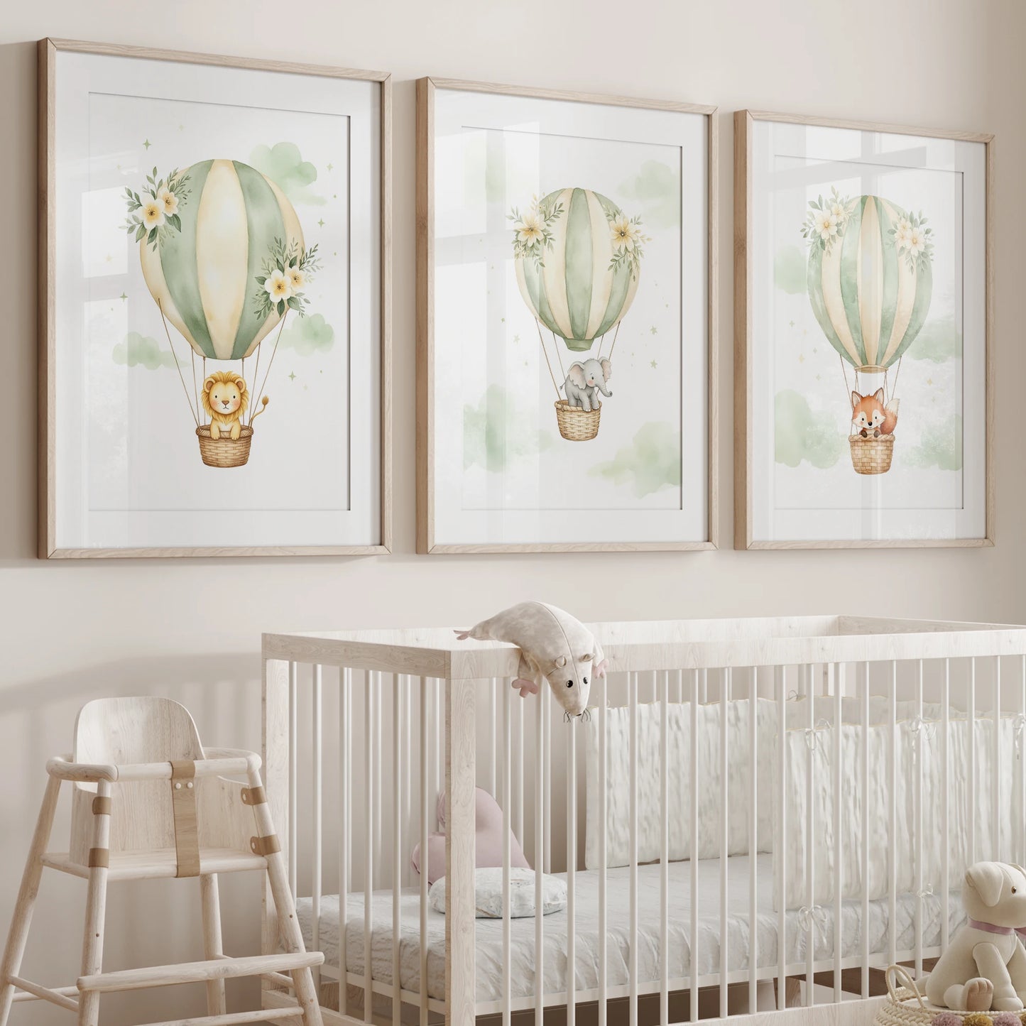 Watercolor Hot Air Balloon Animals Canvas Wall Art | Kids Room