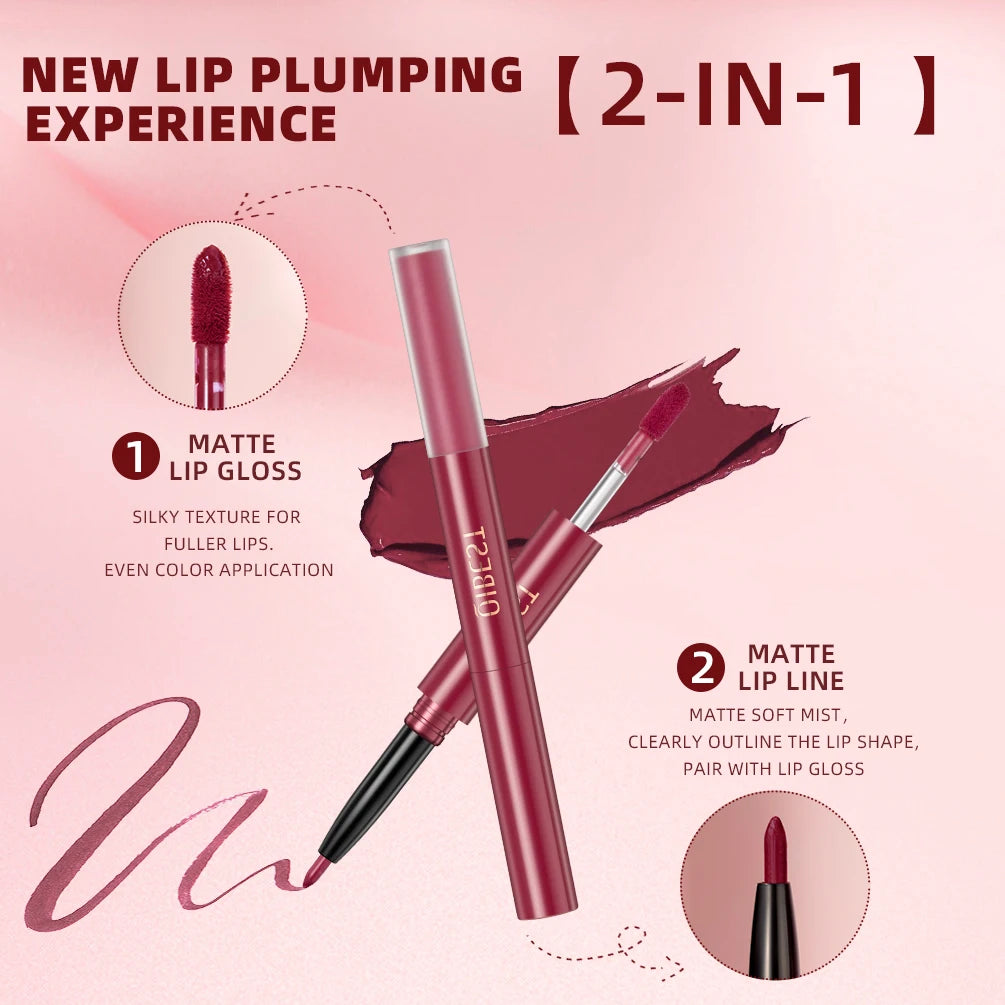 QIBEST 2 In 1 Matte Lipliner Lipstick Waterproof Long Lasting Liquid Lipstick Non-stick Cup Lip Glaze Makeup Lipgloss Cosmetics Peaceful Pleasures Health and Wellness
