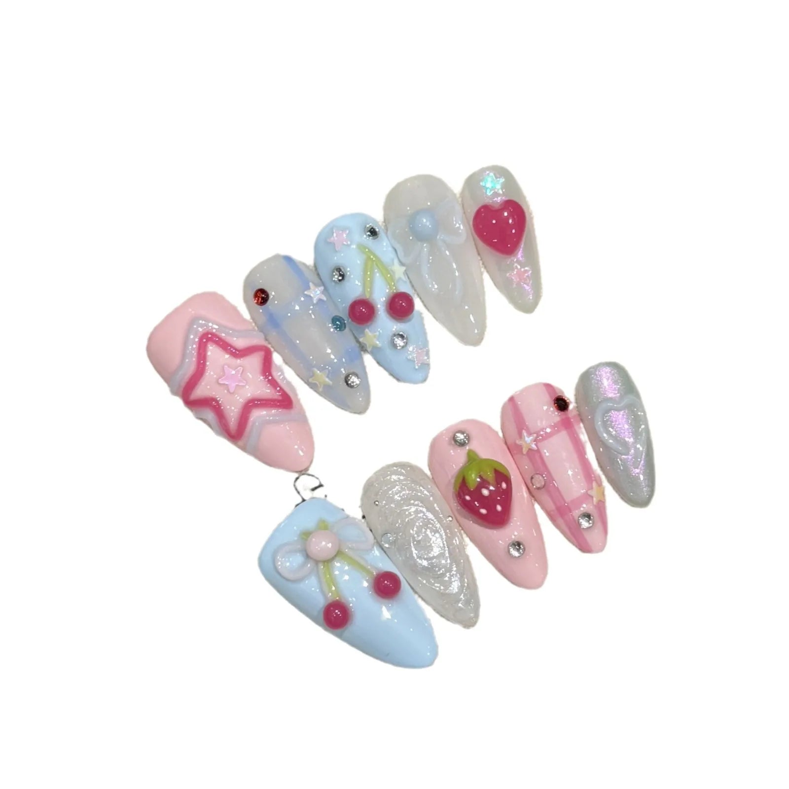 Handmade Press on Nails Ins Sweet Pink Blue Color Fake Nails for Girls Wearable 3D Cherry Love Star Korean Cute False Nail Tips Peaceful Pleasures Health and Wellness