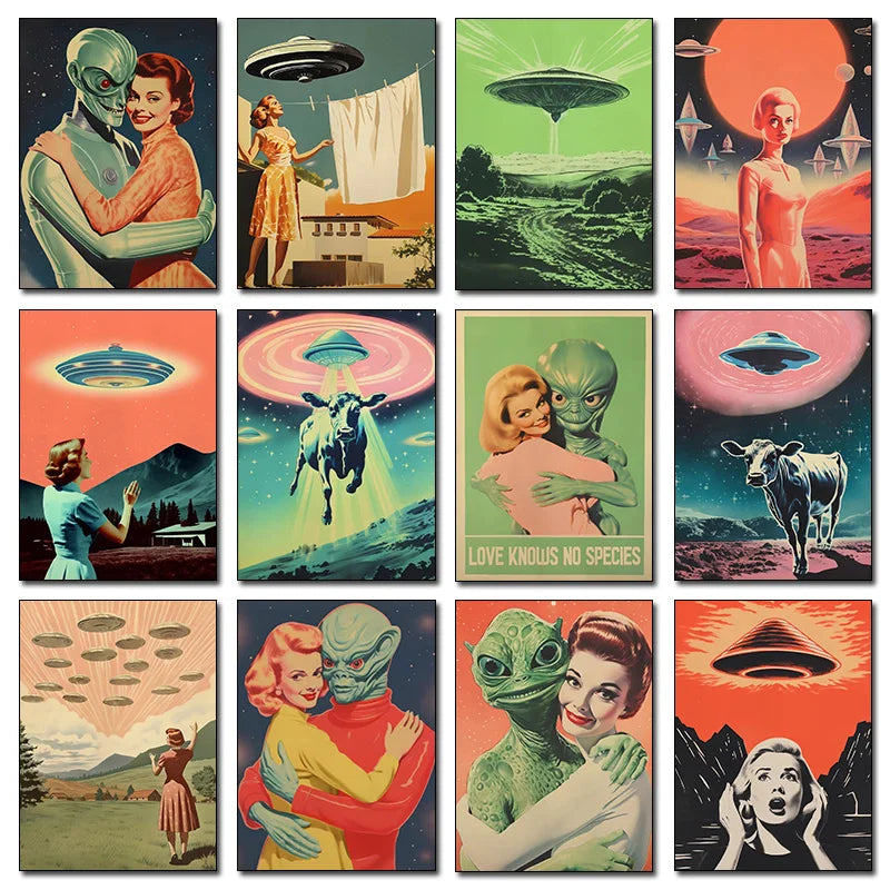 UFO Flying Saucer Alien Drink Coffee Art Print Poster Cow Abduction Canvas Printing Print Retro Sci Fi Wall Art Funny Home Decor Peaceful Pleasures Health and Wellness