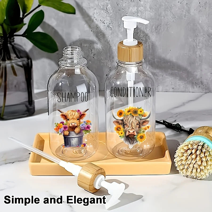 Highland Cow Sunflower Soap Dispenser – 3 Piece Refillable Clear Pump Dispenser Set