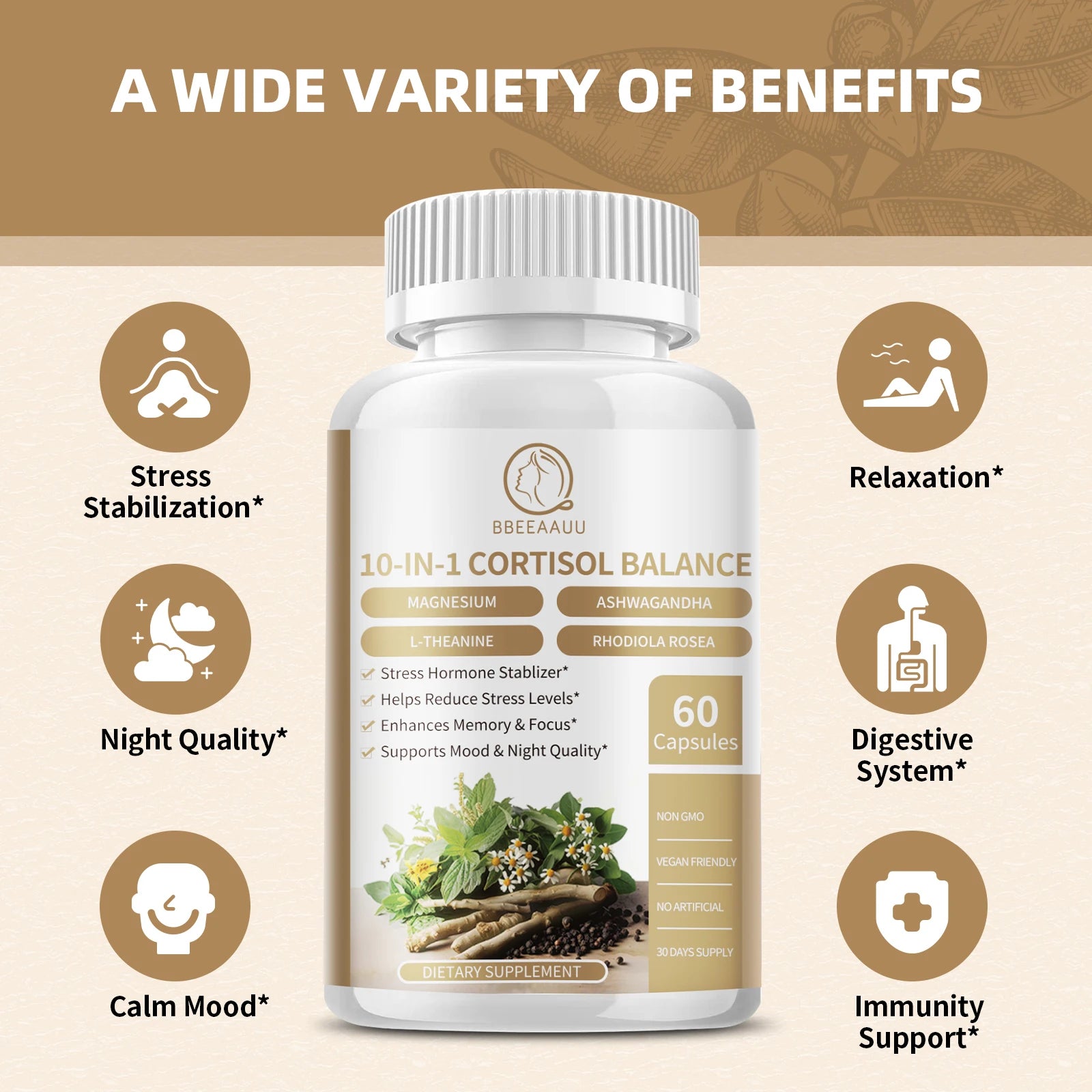 Cortisol Supplement 10-in-1 with KSM-66 Ashwagandha – Stress & Sleep Support Dietary Supplement Peaceful Pleasures Health and Wellness