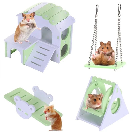 Wooden Hamster Toy Set – Seesaw, Swing & Playhouse Small Pet Toy Set Peaceful Pleasures Health and Wellness