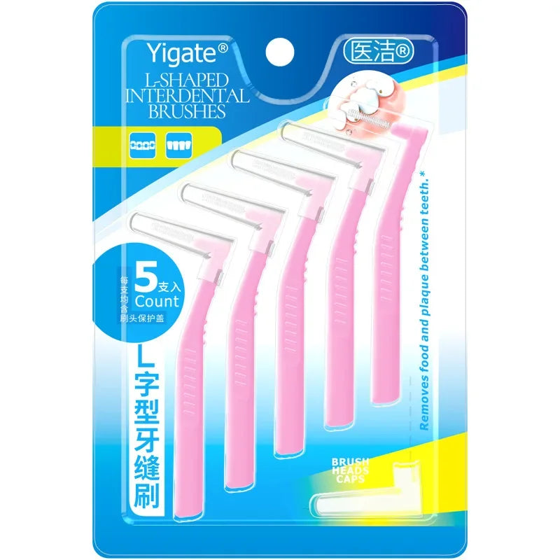 5pcs L-shaped Orthodontics Braces Interdental Brush Clean Between Teeth Mini Toothbrush Inter Dental Cleaning Travel Portable Peaceful Pleasures Health and Wellness pink 0.6mm