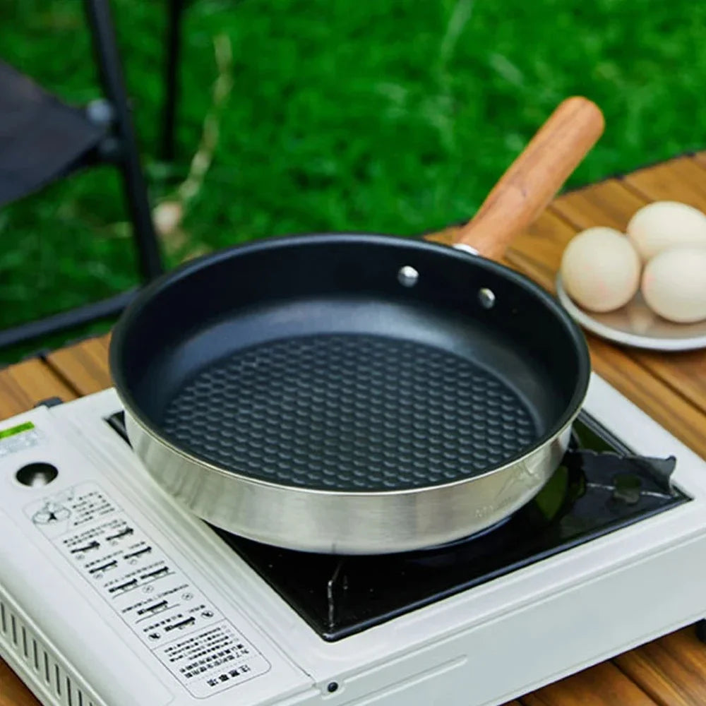Outdoor Portable Stainless Steel Mini Wok Pan Non-Stick Egg & Steak Flat-Bottomed Frying Pan for Camping Hiking Travel Picnics Peaceful Pleasures Health and Wellness