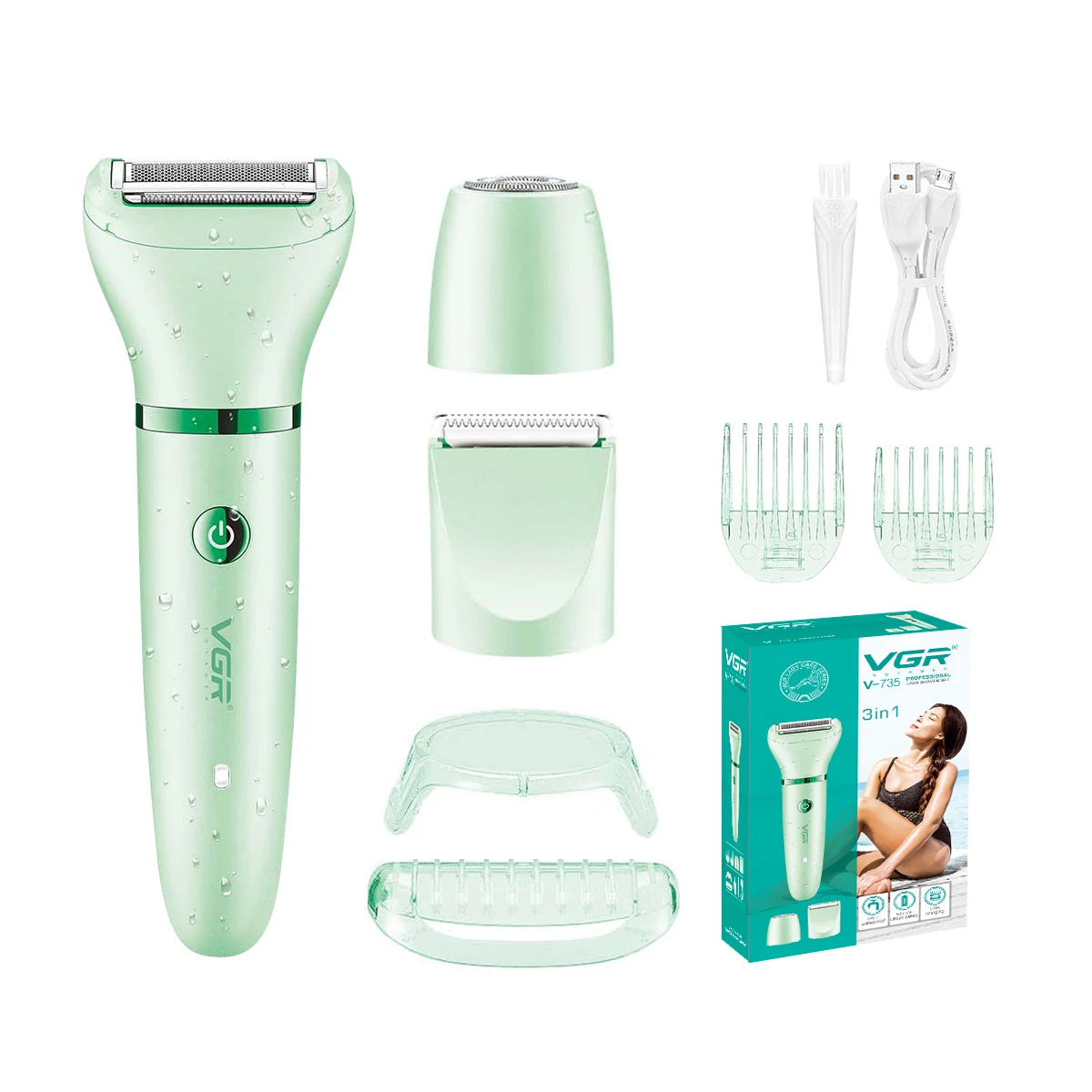 VGR 735 3-in-1 Hair Removal Device for Women, Shaver for Removing Scars, Electric Rechargeable Professional Hair Trimmer Peaceful Pleasures Health and Wellness 735 green