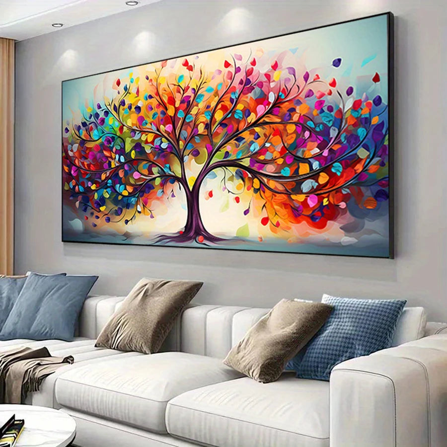 Vibrant Tree of Life Canvas Art - Frameless Modern Wall Decor for Living Room & Bedroom, Colorful Abstract Design , Perfect for Peaceful Pleasures Health and Wellness