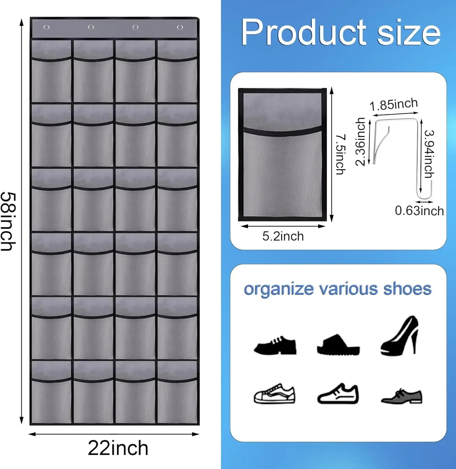 24-Pocket Over-the-Door Shoe Organizer, Breathable Mesh Storage for Shoes & More, Grey Peaceful Pleasures Health and Wellness