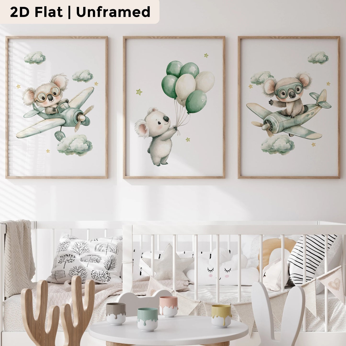 3-Piece Cartoon Koala Helicopter Canvas Wall Art | Kids Decor
