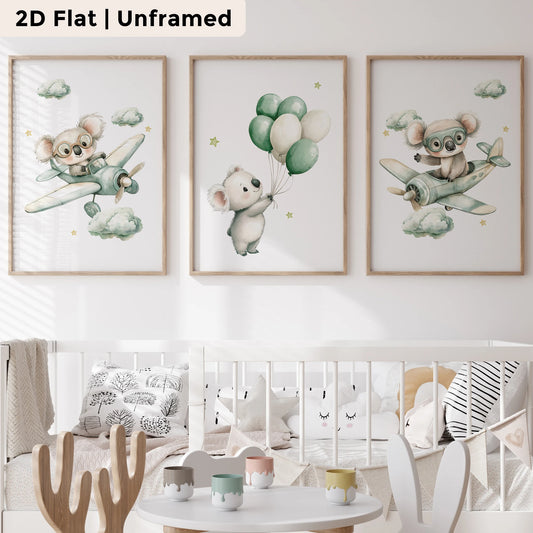 3-Piece Cartoon Koala Helicopter Canvas Wall Art | Kids Decor Canvas Wall Art Set Peaceful Pleasures Health and Wellness CH108-3pcs 21x30cm Unframed