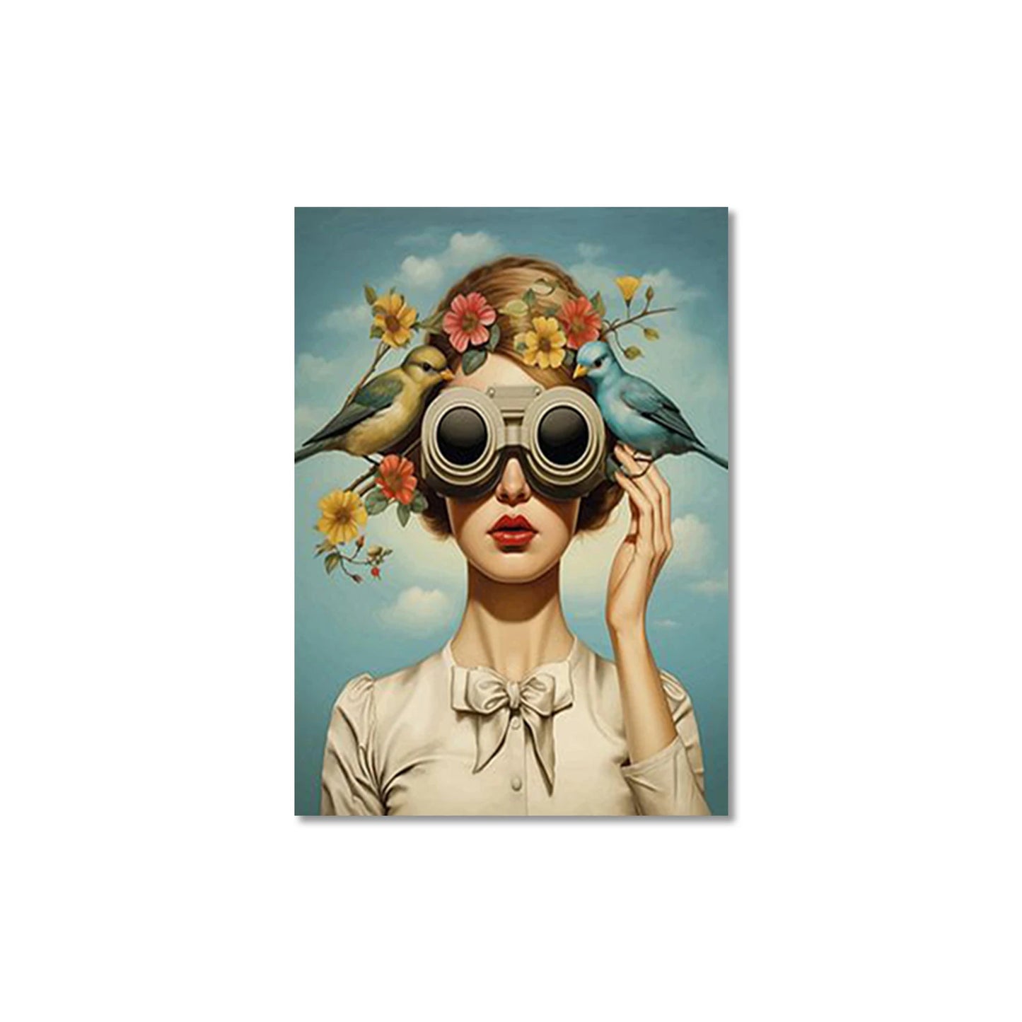 Nordic Scandinavian Style Glasses Woman with Flowers Birds Wall Art Canvas Painting Portrait Poster Prints for Modern Home Decor Peaceful Pleasures Health and Wellness QP10926 70x100cm No Frame