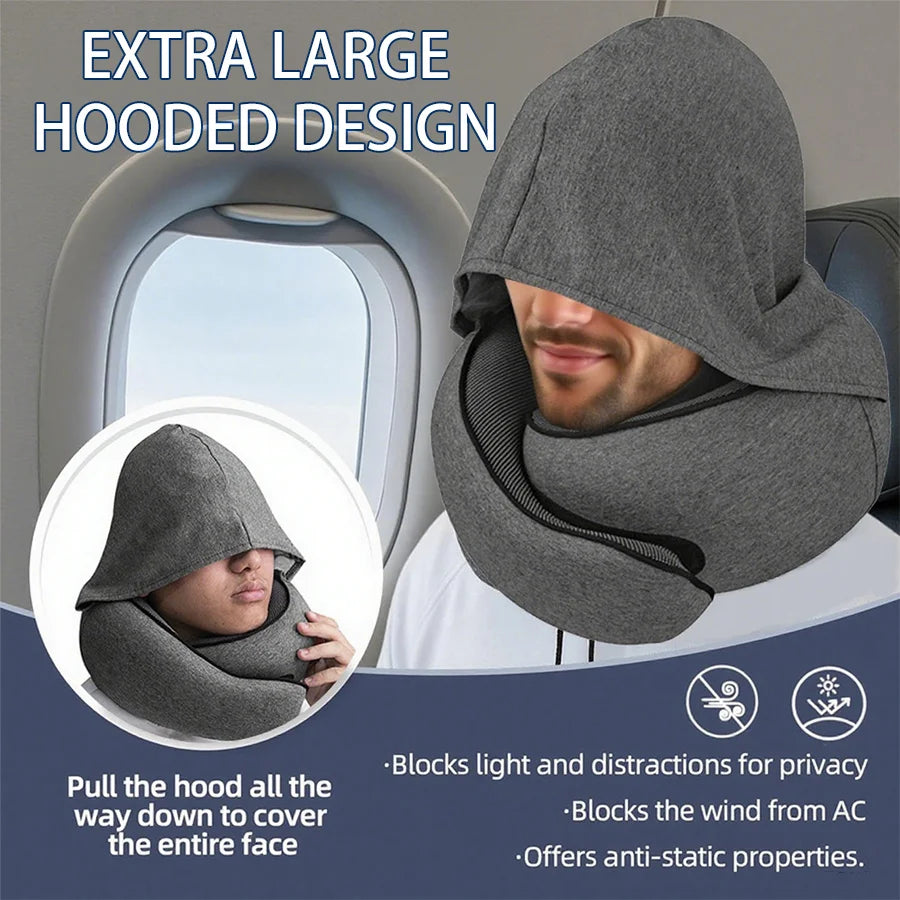 1pc Home Office U-Shape Hooded Neck Pillow for Travel Car Airplane Nap Outdoor, Comfortable Support Pillow with Detachable Cover Peaceful Pleasures Health and Wellness