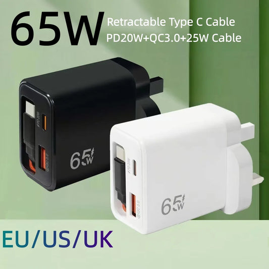 65W Retractable USB-C Charger QC 3.0 & PD 20W – iPhone & Android USB-C Wall Charger Peaceful Pleasures Health and Wellness