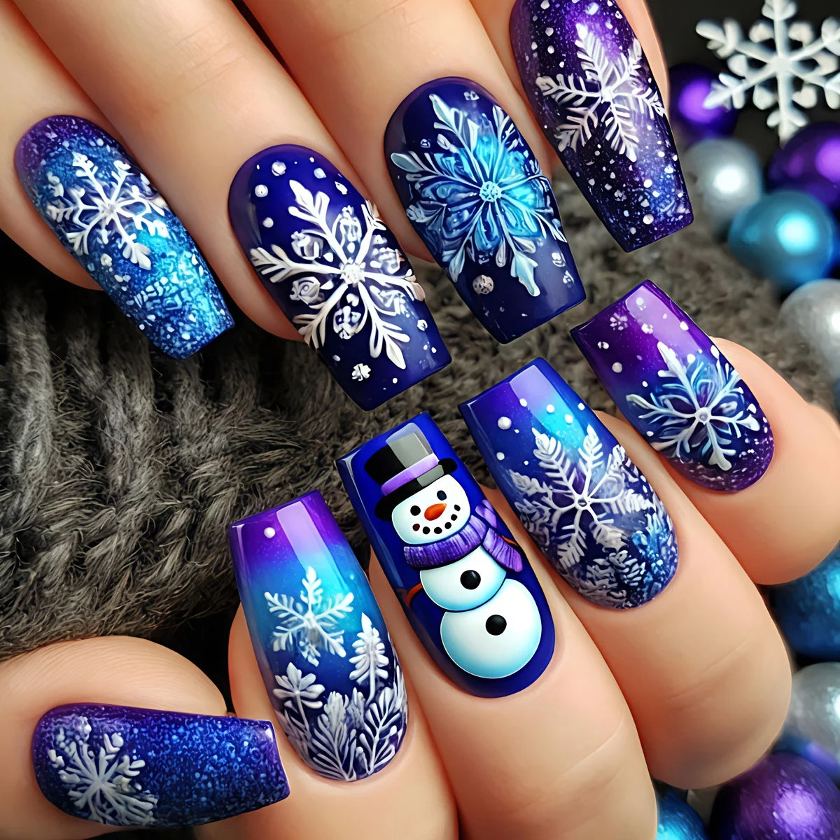 4 pieces of shimmering blue-purple gradient Christmas nail stickers with snowflakes and snowman designs – medium-length, glossy Peaceful Pleasures Health and Wellness Blue