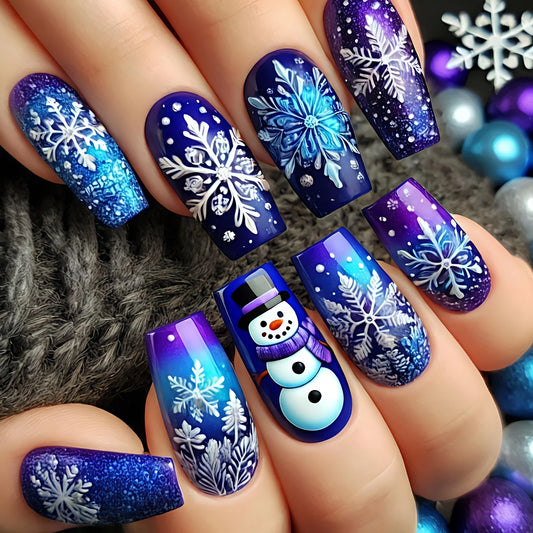 4 pieces of shimmering blue-purple gradient Christmas nail stickers with snowflakes and snowman designs – medium-length, glossy Peaceful Pleasures Health and Wellness Blue