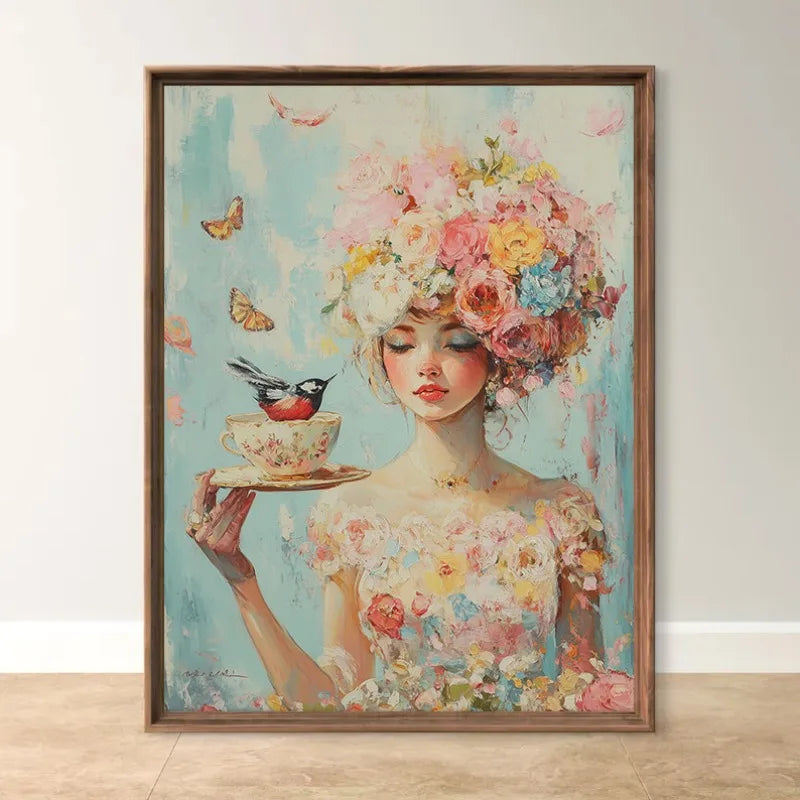 Boho Floral Bird Girl Portrait Canvas Wall Art | Nordic Print