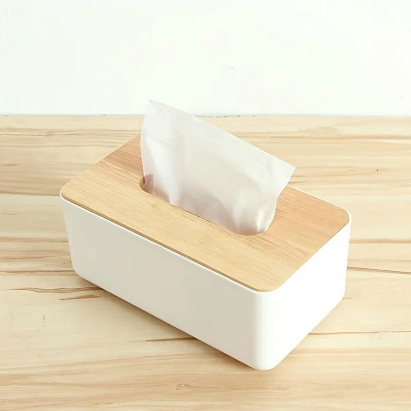 Minimalist Tissue Box Cover – Wooden Top Dustproof PP Organizer